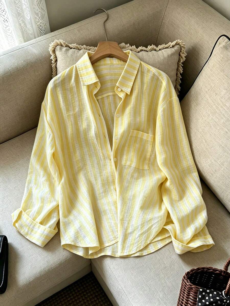 Franclia Women's Loose Casual Cotton Blend Yellow & White Striped Shirt - Multicolor - View 1