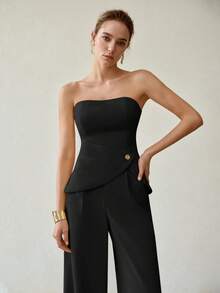 MOTF PREMIUM STRAPLESS SLIMMING EXQUISITE 2 PIECES SET WITH ROSE BUTTON DECOR, ELEGANT CASUAL COMMUTE OUTFIT - Black - View 4
