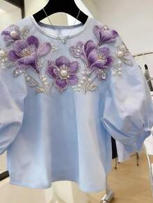 SHEIN Franclia Women's Short Sleeve Floral Print Summer Spring Elegant Romantic Wedding Party Blouse, Elegant Party Light Blue Floral - Multicolor - View 4