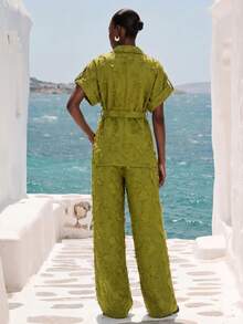Aveloria Modichic Summer/Autumn Premium Olive Green Runway Style 3D Tassel Cut Fabric Set, Mature Minimalist Style, Loose Fit Blazer With Dropped Shoulders, Lapel Short Sleeve Top, Cinched Waist With Metal Buckle Belt Design, Loose Straight Leg Pants, Versatile For Commute, Daily Wear, Office, Vacation - Army Green - View 3