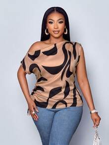 SOLERSUN Women's Plus Size Geometric Printed Asymmetrical Shoulder Drawstring Ruched Side Blouse, Random Print,One Shoulder Top - Khaki - View 2