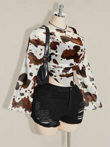 SHEIN ICON 女款大尺碼紮染印花兩件式上衣 - 棕色 - 查看 8