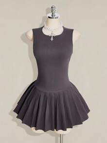 SHEIN ICON 女款夏季休閒日常通勤學院風極簡純色無袖百褶下擺迷你洋裝 - 灰色 - 查看 5