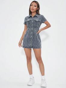 SHEIN PETITE 女款單排扣休閒派對與旅行牛仔短袖洋裝 - 藍色 - 查看 6