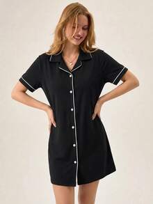 EURMUSE Women Button Front With Contrast Colour Detail Homewear Lounge Pajama Dress Cotton Sleepwear For Women Pajama Dress Sage Green Pajama Set Button Down Nightgown Sleep Shirt For Women's Nightdress Night Shirts For Women Sleep Wear Women Button Front - Black - View 4