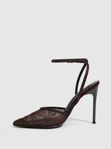 CUCCOO SZL Women's Elegant Brown Pointed Toe Sequin Embellished Ankle Strap Stiletto Heel Pumps - Coffee Brown - View 4