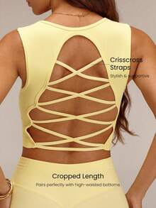 GLOWMODE Ultrafine weiches nahtloses Crisscross-Crush-Strick-Tanktop mit Feuchtigkeitsableitung, offenem Rücken, abnehmbaren Cups, quadratischem Ausschnitt, verkürzt, für Laufen, Fitnessstudio und Workout - French Vanilla - Übersicht 3