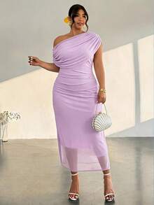 Firerie Vestido de un solo hombro de unicolor elegante talla grande, para verano - Morado - Ver 5