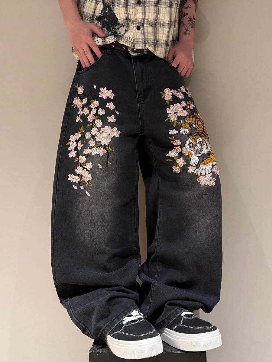 STEELVANCE Men's Distressed Tiger Embroidery Loose Straight Wide Leg Design Denim Jeans - Black - View 1