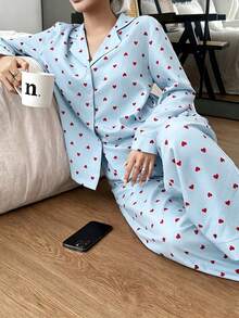 SHEIN Casual Underwear&Sleepwear 女款寬鬆版型翻領紅色愛心印花長袖長褲睡衣套裝 - 藍色 - 查看 4