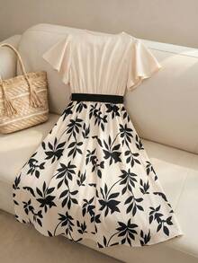 Elenzga Abito estivo elegante da donna taglie forti per il pendolarismo, scollo a V, maniche corte, color block, vita stretta, linea ad A - Albicocca - Visualizzare 2