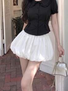 SHEIN MOD Peter Pan Collar Slim Fit Puff Short Sleeve Black Shirt, Summer,Short Sleeve Tops Goth Goth - Black - View 5