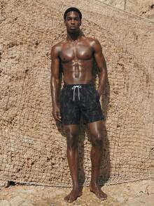 Manfinity KASUA Men's Geometric Printed Drawstring Beach Shorts With Built-In Briefs,Hawaiian - Black and White - View 6