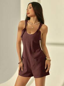 SHEIN PETITE 女款素色休閒日常穿搭細肩帶連身褲 - 棕色 - 查看 5