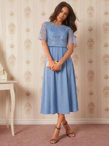 Amorya 女款拼接花卉刺繡網紗短袖優雅中長洋裝 - 彩色 - 查看 7