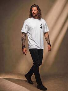Fenqiro 男士 Ace Of Spades 黑桃撲克圖案印花 T-shirt，黑白配色夏季街頭風城市度假復古 Y2K 大廓型寬鬆巴洛克框架上衣 - 白色 - 查看 2