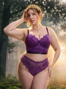 PinupPomp Conjunto Plus Size Sexy Vintage Estilo Corte Roxo com Renda, Acabamento em Cílios, Patchwork de Tela, Top + Calcinha 2 Peças - Roxo - Visão 4