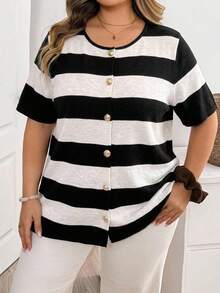 SHEIN CURVE+ Plus Size Women's Fashionable Casual Black And White Striped Knit Top Office Formal Summer - Black and White - View 3