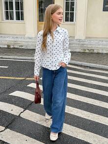 SHEIN 休閒優雅波點印花返校季女童百搭百搭白色襯衫，可休閒或正式穿著，適合畢業典禮與日常穿著 - 黑與白 - 查看 9