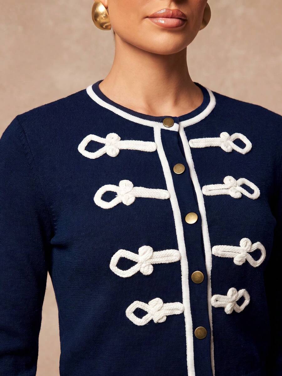 Lumalex Cardigan Rajut Lengan Panjang Kancing Katak Wanita, Kancing Tunggal, Warna Biru Tua dan Putih, Elegan untuk Kantor, Musim Gugur - Navy Blue - View 1