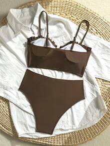 Swim Chiccia Women's Two Pieces Solid Color Slimming Adjustable Strap High-Waist Triangle Bikini Set Set, Elegant For Beach, Holiday, Party, Valentine's Day - Coffee Brown - View 2