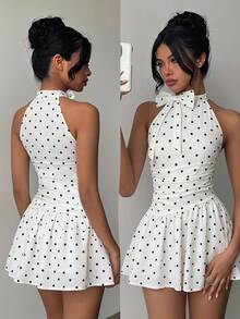 Tween Girl Halter Neck Sleeveless Polka Dot Dress - Multicolor - View 4
