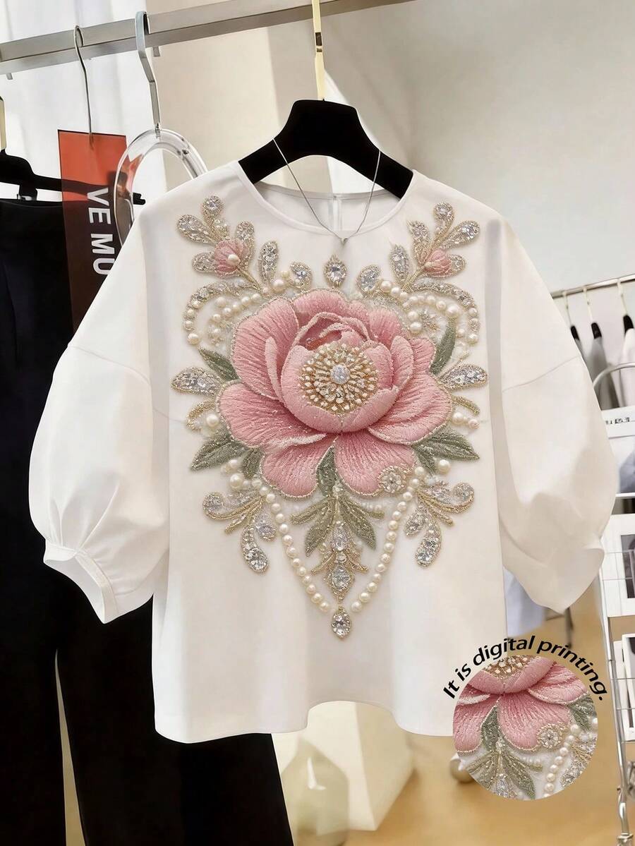 SHEIN Franclia 女款白色與粉色短袖襯衫,花卉印花 春/夏 優雅浪漫 度假 茶會 晚餐約會 新款 - 彩色 - 查看 1