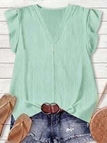 Rusticease Women's Solid Color Short Flutter Sleeve Blouse, Casual Minimalist Style, Suitable For Summer - Mint Green - View 6