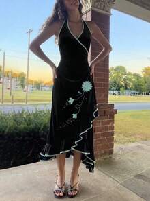 IslaSuriya 女士花卉刺绣荷叶边吊带中长连衣裙 - 黑色 - 查看 3