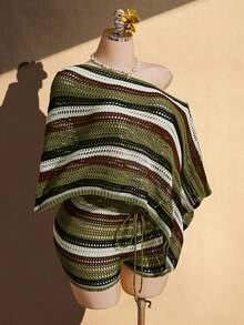 SHEIN ICON Women's Plus Size Retro Sexy Millennial Style Y2K Simple Casual Beach Vacation Party Dark Green Loose Off-Shoulder Shawl Top Shorts Set Autumn - Green - View 5