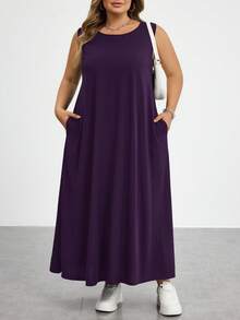 SHEIN CURVE+ 大尺碼女款夏季洋裝 度假洋裝 畢業禮服 商務休閒女裝 辦公洋裝 新款時尚休閒通勤穿搭 條紋無袖口袋長洋裝 A字裙 黑白條紋洋裝 - 紫色 - 查看 8