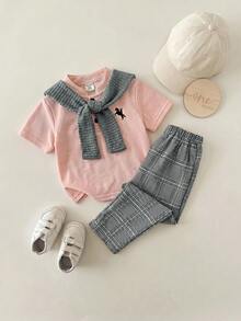 SHEIN Unisex Baby Boy/Girl Baby Boy 3pcs Spring/Summer Casual Fashion Pink Polo Shirt And Grey Plaid Long Pants And Shawl Set, Baby Boy Outfit Sets, Baby Boy Summer Clothes, Squishy, Vintage - Pink - View 7