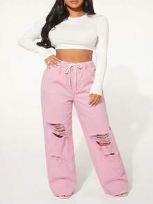 Slaydiva Plus Size Women Drawstring Waist Pocket Distressed Design Casual Versatile Daily Wear Denim Jeans - Pink - View 5