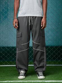 EVRINFINITE Pantalon cargo ample à taille avec cordon de serrage, coutures contrastées et poches multiples. Style décontracté à la mode de la rue, convient pour le port quotidien au printemps/automne - Gris foncé - Voir 6