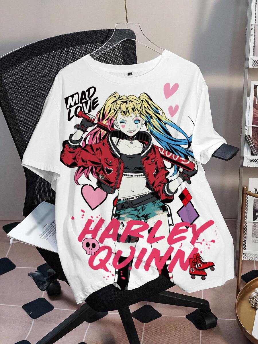 Harley Quinn X SHEIN 大尺碼女款字母卡通印花休閒 Y2K 百搭日常校園居家短袖 T 恤,萬聖節白色夏季款 - 白色 - 查看 1