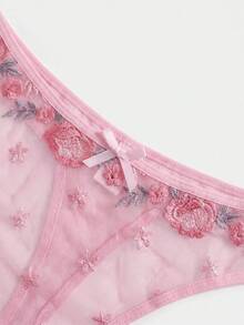 lacRébo Triangle Bra And Thong Set With Pink And White Flowers Embroidery And Scalloped Edge Details Pink Lingerie Set - Pink - View 9
