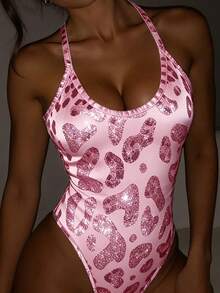 Rovax Women's Spaghetti Strap Leopard Print Bodysuit, Sexy Sleeveless Fitted Digital Printed Bodysuit - Multicolor - View 4
