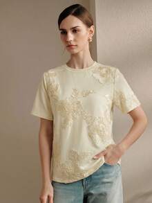 Anewsta T-shirt femme nouveau printemps/été élégant de vacances col rond brodé fleur de lotus manches courtes pull-over - Jaune clair - Voir 4