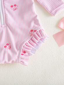 SHEIN Newborn Striped Cherry Print One-Piece Swimsuit - Baby Pink - View 6
