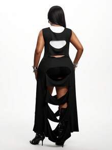Maweii Robe longue élégante pour femmes grandes tailles, noire, sans manches, design ajouré, fente, drapée, asymétrique, sexy, style de rue, personnalisée, robe d'été amincissante asymétrique - Noir - Voir 3