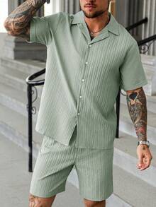 Manfinity Homme 男士純色單排扣短袖襯衫與短褲休閒日常套裝 - 綠色 - 查看 7