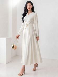 Heiryn Gaun Panjang Wanita Elegan Warna Polos untuk Perjalanan Musim Gugur - Putih Gading - View 8