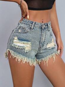 SHEIN PETITE Summer Casual Streetwear Washed Distressed Denim Shorts Vacation Light Blue - Light Wash - View 4