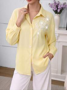 Modelyn Elegant Pastel Yellow 3D Beaded Floral Drop Shoulder Sleeve Blouse For Women Teachers' Day Office Summer - Yellow - View 8