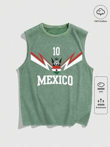 ROMWE MEN Prep Men's Street Sports Letter Print Acid Wash Tank Top - Green - View 1