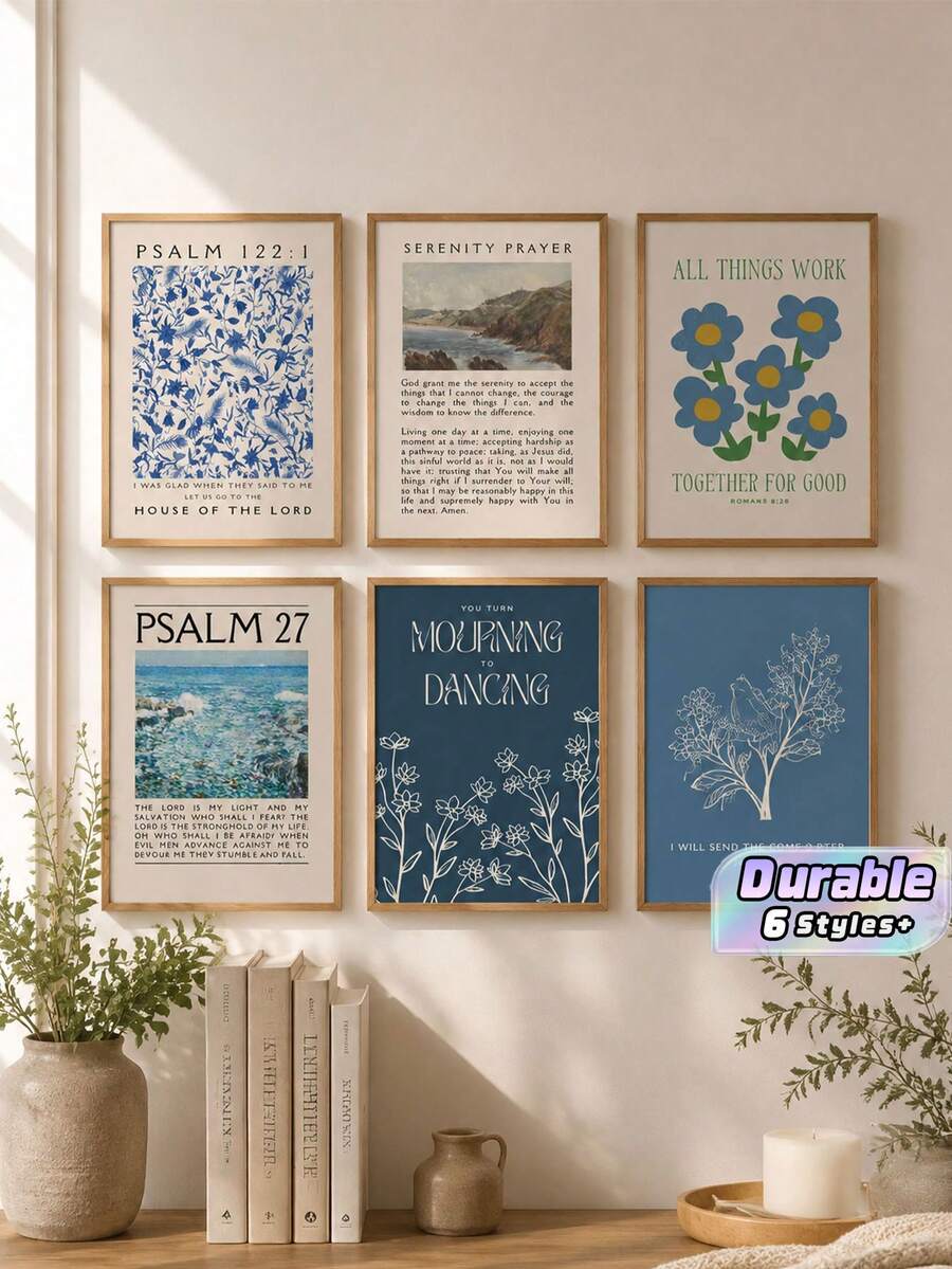 1pc Vintage Blue Psalms Christian Bible Verse Canvas Wall Art – Floral Painting Print For Room Decor, Inspirational Scripture Poster, Optional Frame - multicolor - View 1