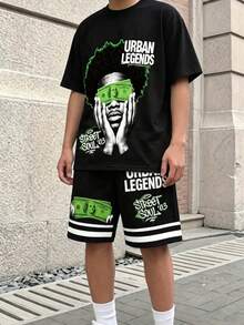 男童夏季新款字母印花對比色拼接設計後背印花短袖T恤與短褲休閒運動兩件套 - 黑色 - 查看 5