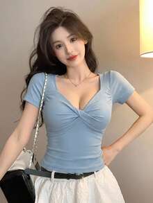DAZY Women's V-Neck Twist Short Sleeve Slim Fit Cropped T-Shirt - Blue - View 9
