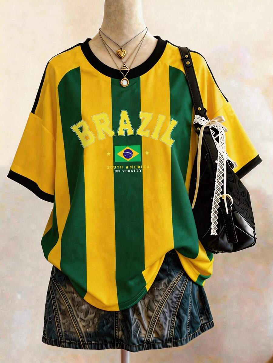 INAWLY Brazilian Vertical Stripe Digital Print Casual Oversized Mid-Length Round Neck Drop Shoulder Women T-Shirt, Gift For Friends - Multicolor - View 1