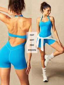 VARSIVA Damen Sport Fitness Yoga Laufen Neckholder Jumpsuit Outdoor lässig - Blau - Übersicht 11
